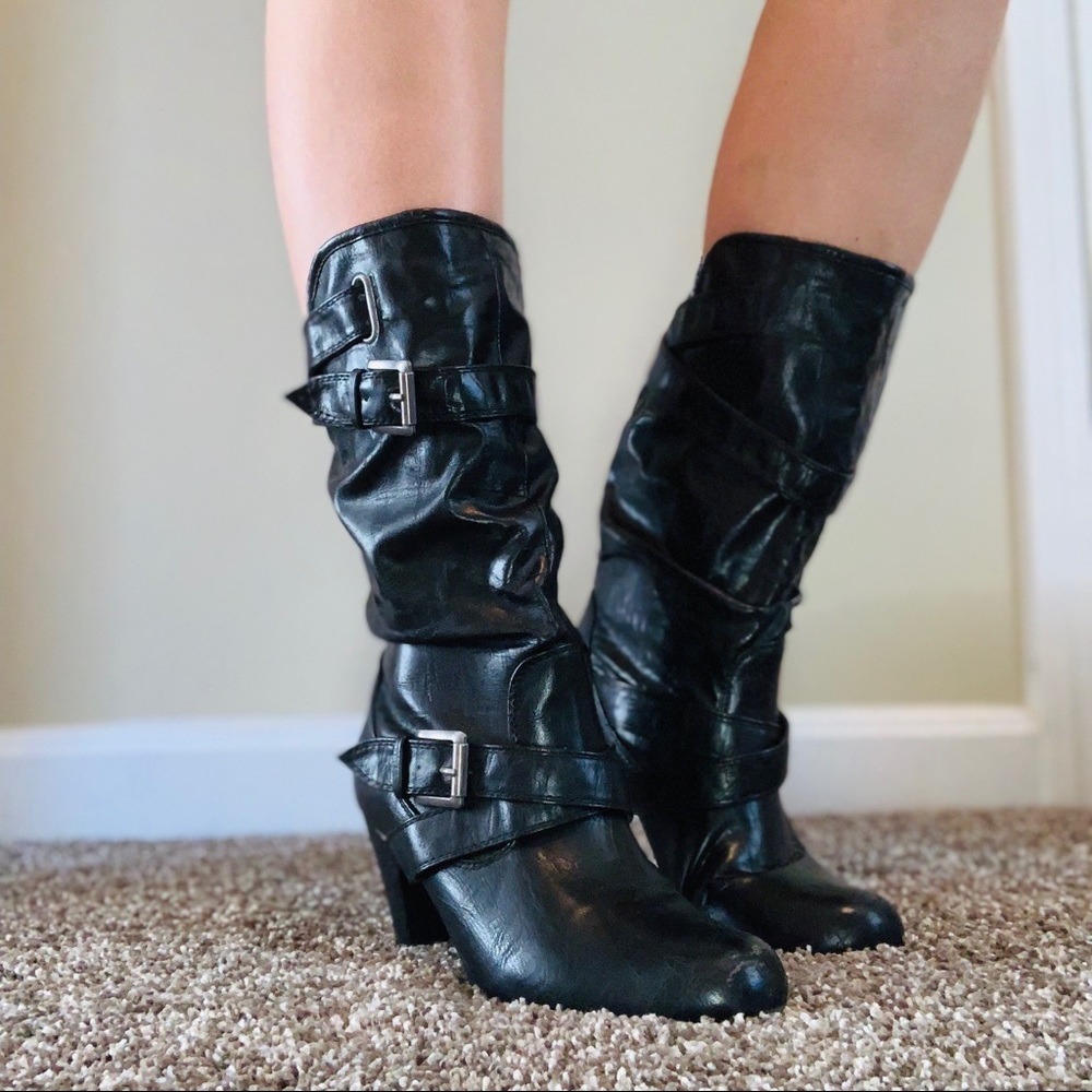 Black Mid Calf Faux Leather Boots